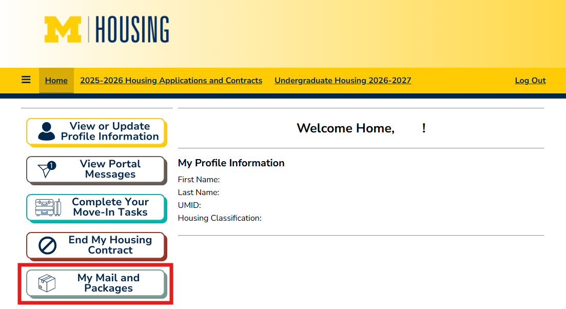Michigan Housing Home Page. Select the My Mail and Packages button